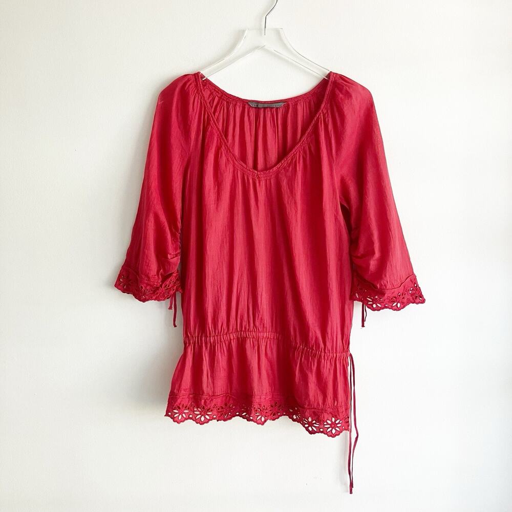 Zara Small Peasant Tunic Top Eyelet Red V Neck Drawstring 3/4 Sleeves Boho - Picture 1 of 5